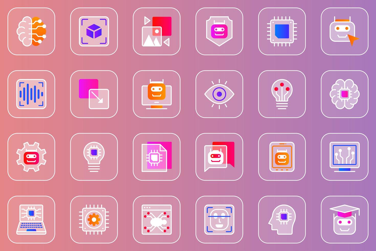 künstliche Intelligenz Web glasmorphe Symbole gesetzt vektor