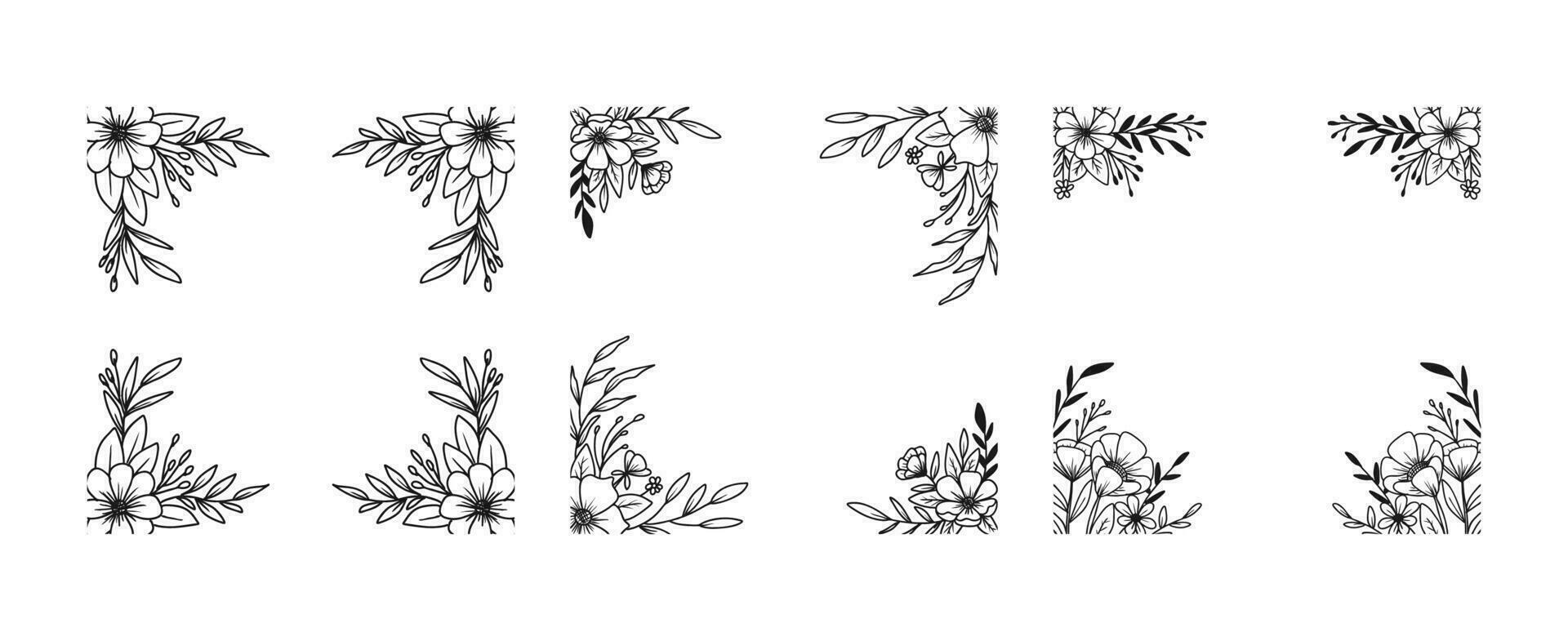 uppsättning av hand dragen blommor och löv fyrkant gräns översikt blommig arrangemang vektor