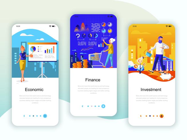 Set av inbyggda skärmar användargränssnitt för ekonomi, finans, investering vektor