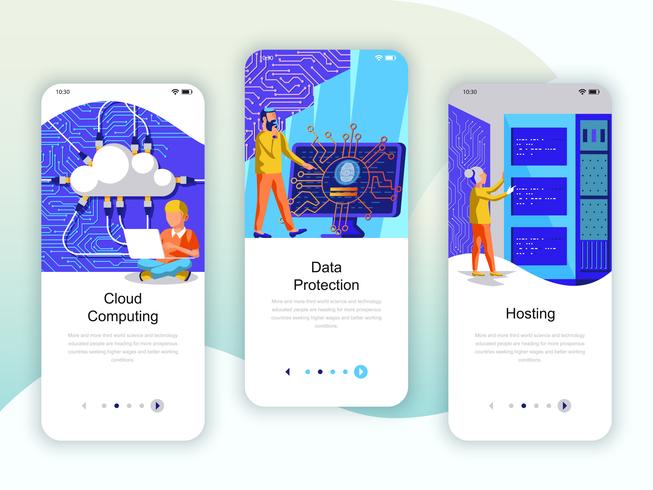 Set von Onboarding-Bildschirmen für die Benutzeroberfläche für Cloud Computing, Schutz vektor