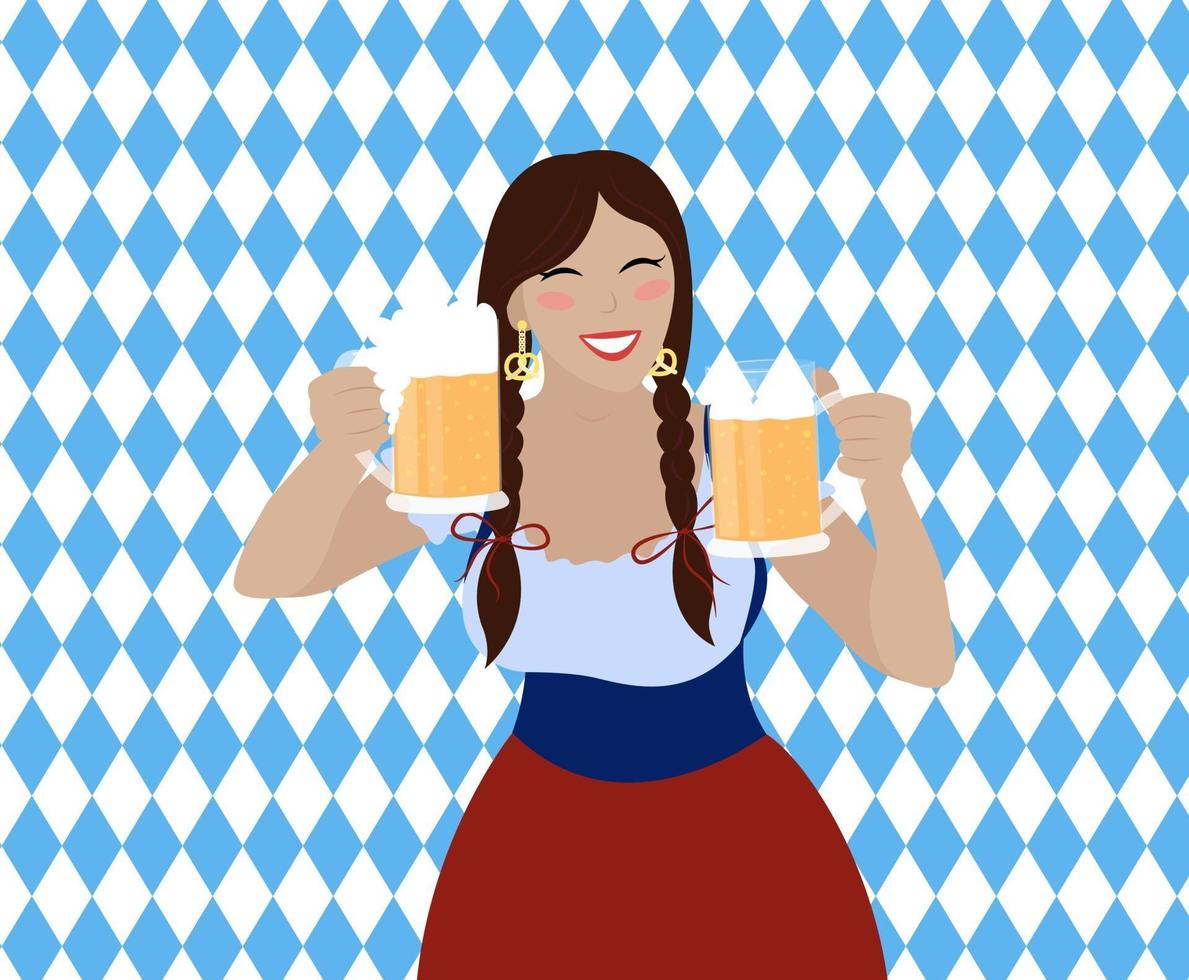 Oktoberfest-Mädchen mit Bierkrügen. schöne Frau in bayerischer Tracht vektor