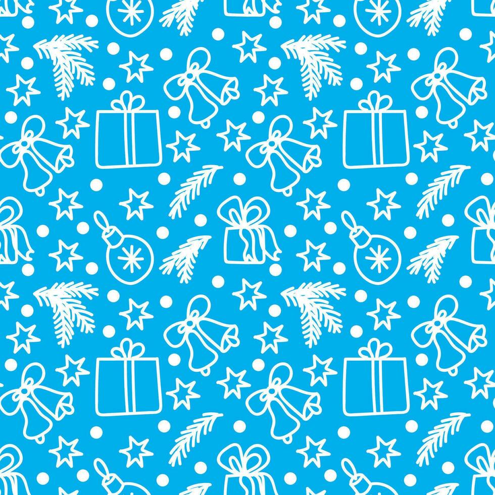 glad jul och Lycklig ny år sömlös mönster i klotter stil. vektor illustration på en blå bakgrund med vit linje.