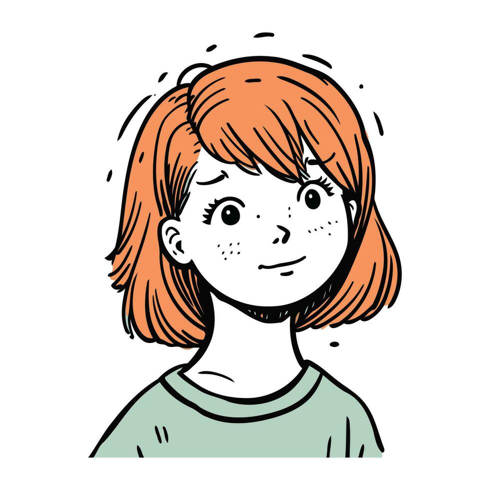 söt tecknad serie flicka med röd hår. vektor illustration för färg bok.