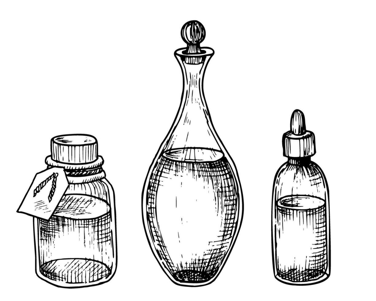 uppsättning av glas flaskor och transparent karaff. hand dragen vektor illustration av karaff och flacons för spa eller medicin design i svart och vit färger. linjär årgång flagon för grundläggande olja