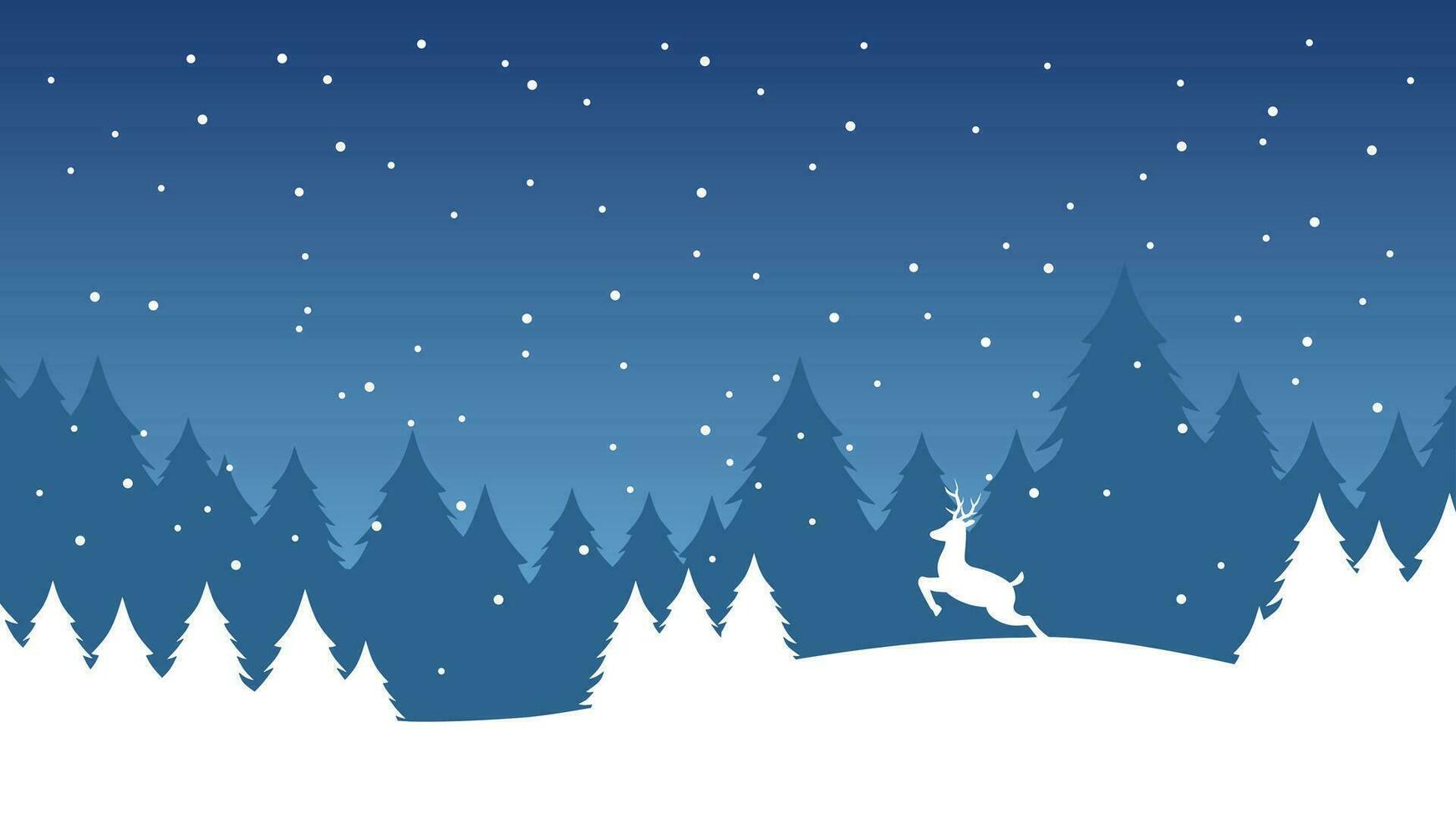 Winter Jahreszeit Landschaft Vektor Illustration. Winter Hintergrund von Rentier im schneebedeckt Kiefer Wald. Silhouette von kalt Jahreszeit Landschaft zum Hintergrund oder Hintergrund