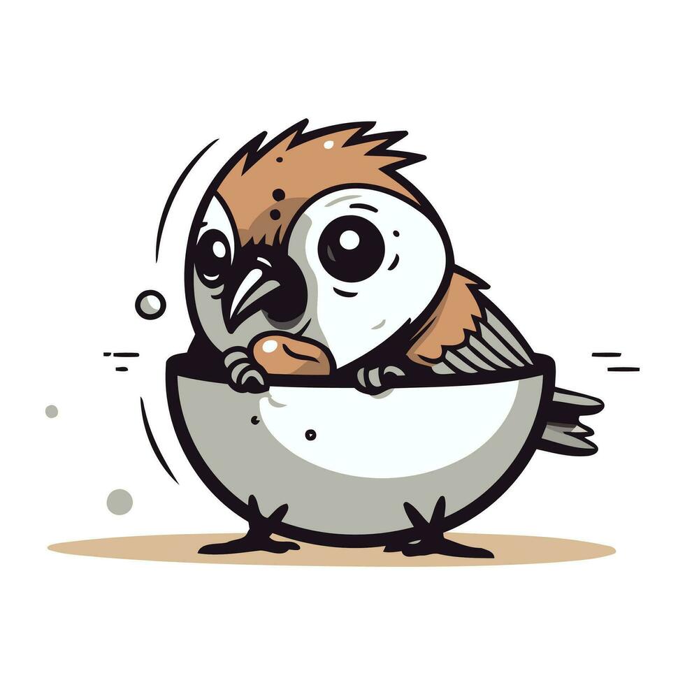 Spatz sitzt im ein Schüssel von Eier. Vektor Illustration.