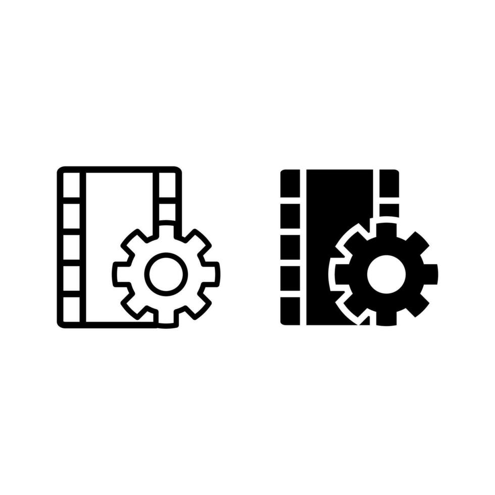 Video die Einstellungen Symbol. Video die Einstellungen schwarz gefüllt und umrissen Symbol isoliert auf Weiß Hintergrund von Kino Sammlung. Linie Vektor Zeichen, Symbol zum Netz und Handy, Mobiltelefon