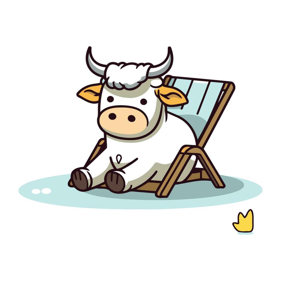 süß Karikatur Kuh Sitzung auf das Deck Stuhl. Vektor Illustration.