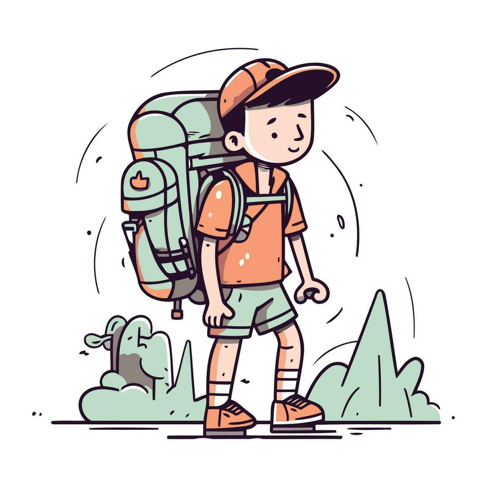 Wandern Junge mit Rucksack. Vektor Illustration im Gekritzel Stil