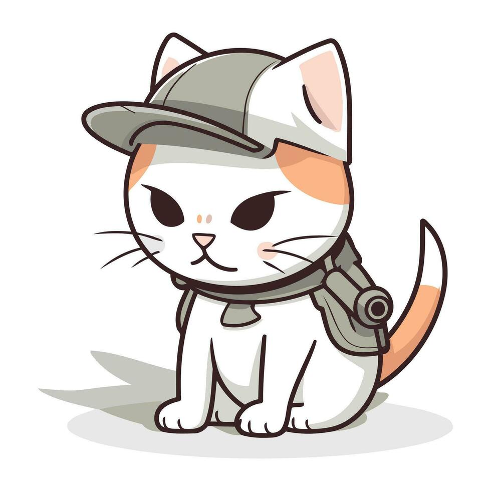 söt tecknad serie katt i militär keps och skottsäker väst. vektor illustration.