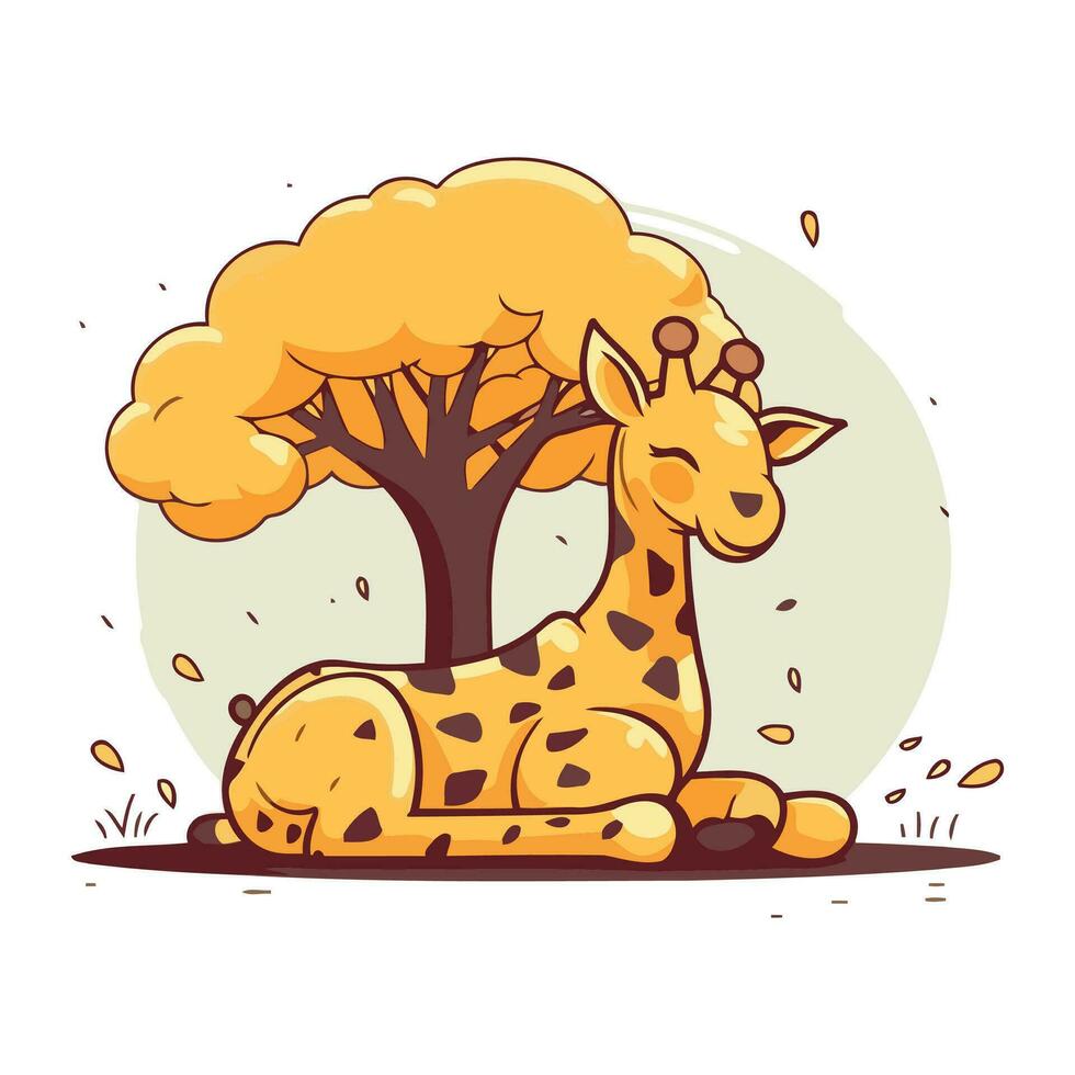 Karikatur Giraffe Sitzung unter ein groß Baum. Vektor Illustration.