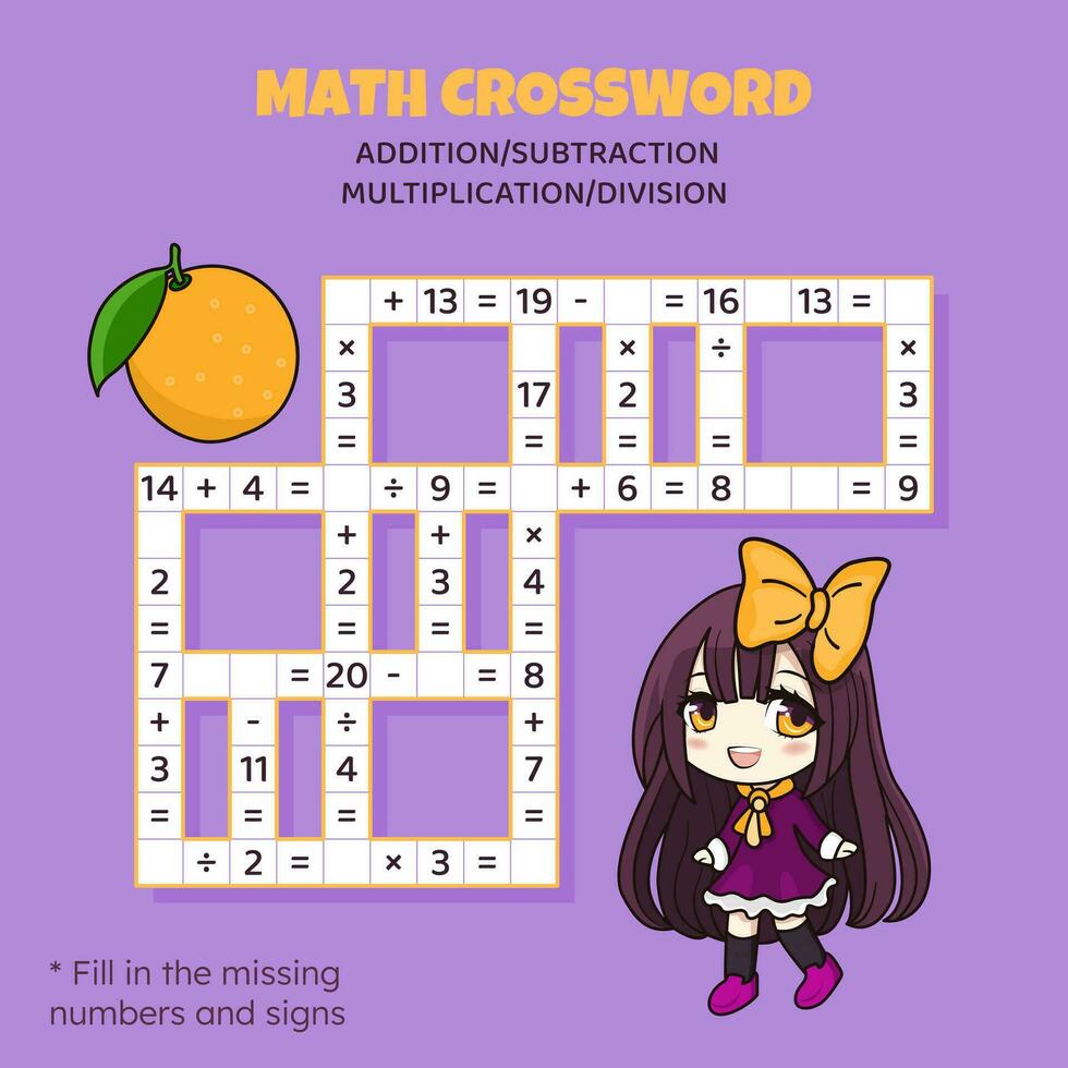 matematik korsord pussel för barn. tillägg, subtraktion, multiplikation och division. räkning upp till 20. vektor illustration. spel med tecknad serie anime flicka. uppgift, utbildning material för ungar.