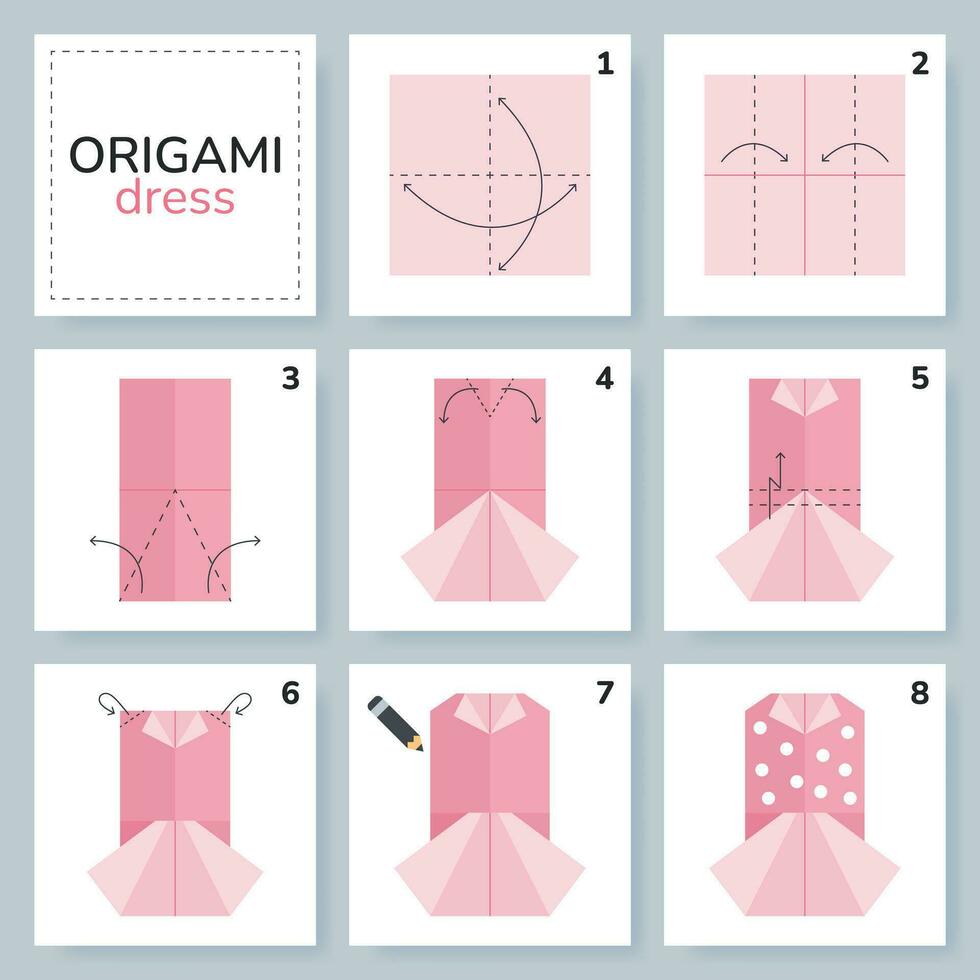 Bluse und Rock Origami planen Lernprogramm ziehen um Modell. Origami zum Kinder. Schritt durch Schritt Wie zu machen ein süß Origami Kleidung. Vektor Illustration.