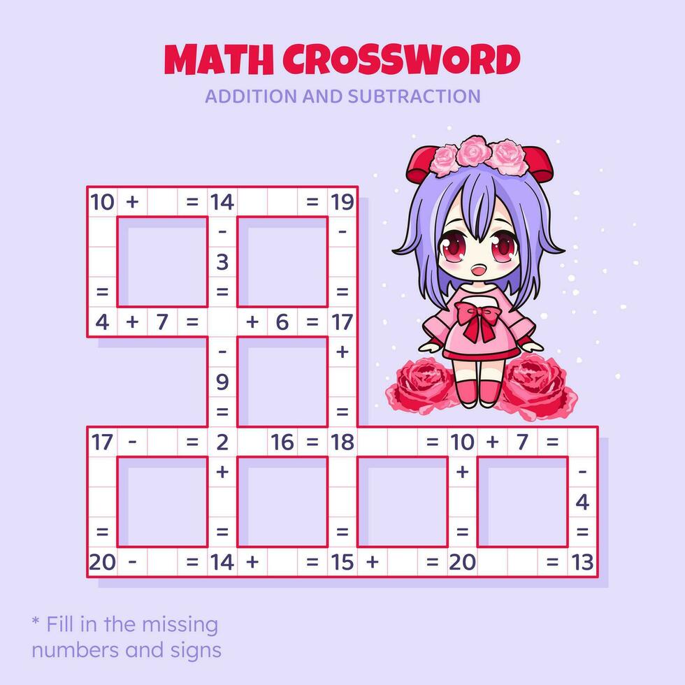 matematik korsord pussel för ungar. tillägg och subtraktion. räkning upp till 20. spel för barn. vektor illustration. färgrik korsord med tecknad serie anime flicka. uppgift, utbildning material för ungar.