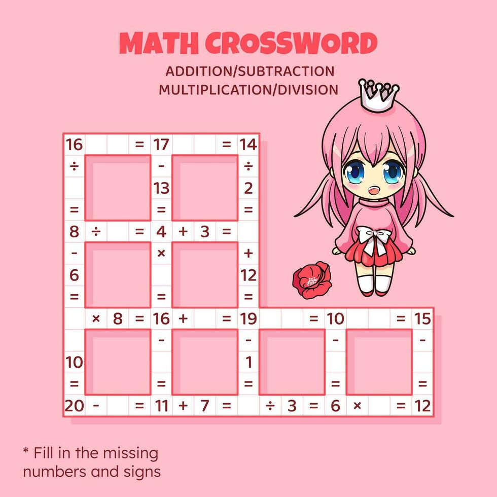 Mathematik Kreuzworträtsel Puzzle zum Kinder. Zusatz, Subtraktion, Multiplikation und Aufteilung. Zählen oben zu 20. Vektor Illustration. Spiel mit Karikatur Anime Mädchen. Aufgabe, Bildung Material zum Kinder.