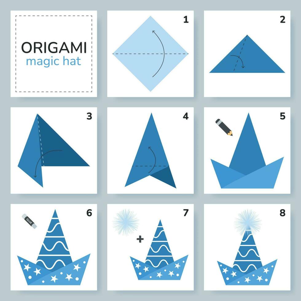 Magie Hut Origami planen Lernprogramm ziehen um Modell. Origami zum Kinder. Schritt durch Schritt Wie zu machen ein süß Origami Zubehör. Vektor Illustration.