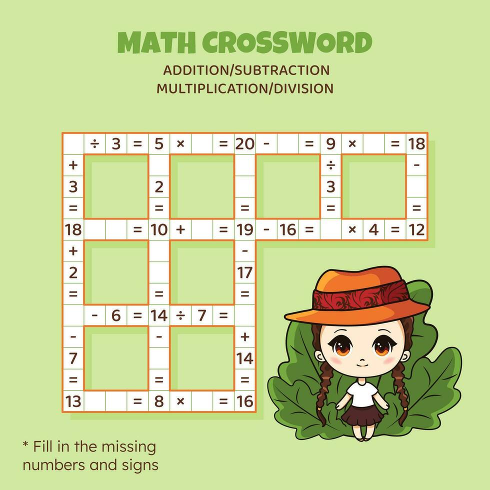 Mathematik Kreuzworträtsel Puzzle zum Kinder. Zusatz, Subtraktion, Multiplikation und Aufteilung. Zählen oben zu 20. Vektor Illustration. Spiel mit Karikatur Anime Mädchen. Aufgabe, Bildung Material zum Kinder.