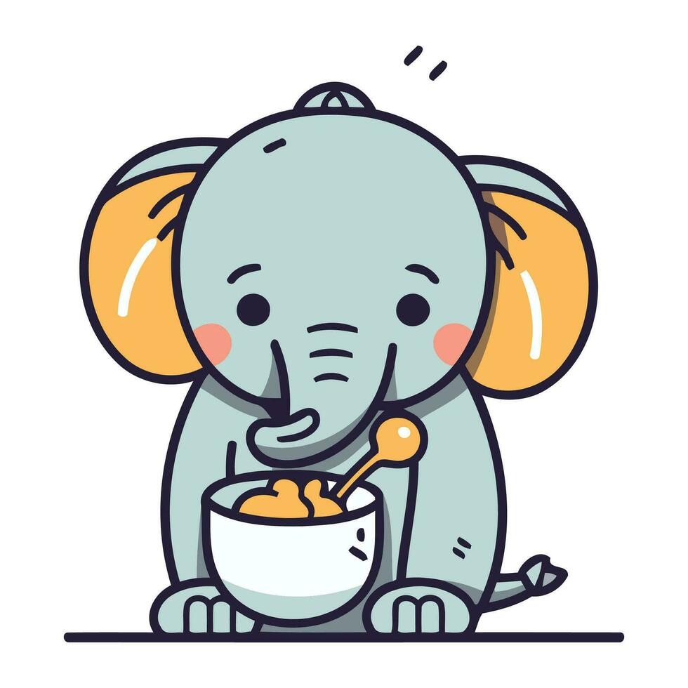 süß Karikatur Elefant Essen ein Schüssel von Getreide. Vektor Illustration.