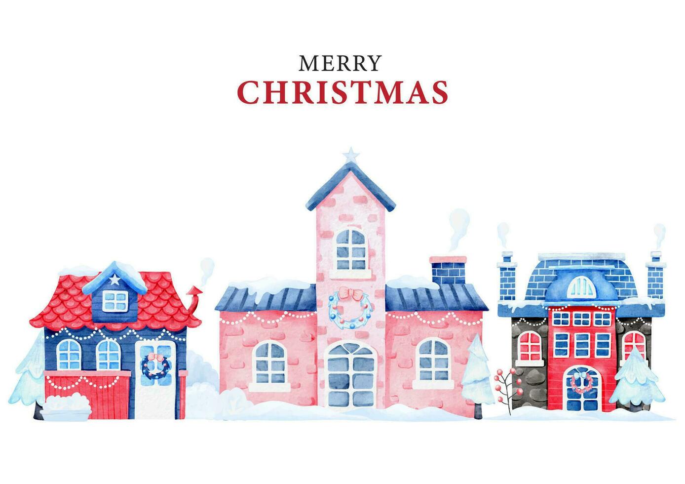 Weihnachten Karte Vorlage mit Aquarell Winter Haus mit ein Schnee Deckel, Weihnachten Haus, Winter Häuser Landschaft Vektor Illustration
