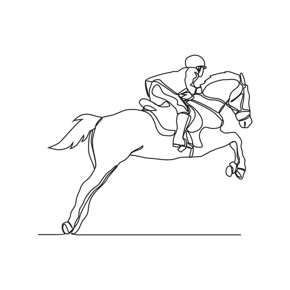 einer kontinuierlich Linie Zeichnung von Menschen Reiten das Pferd. ein Jockey ist jemand Wer Fahrten ein Pferd im ein Wettrennen. Reiten das Pferd im einfach linear Stil Vektor Illustration. geeignet Design zum Ihre Anlage.