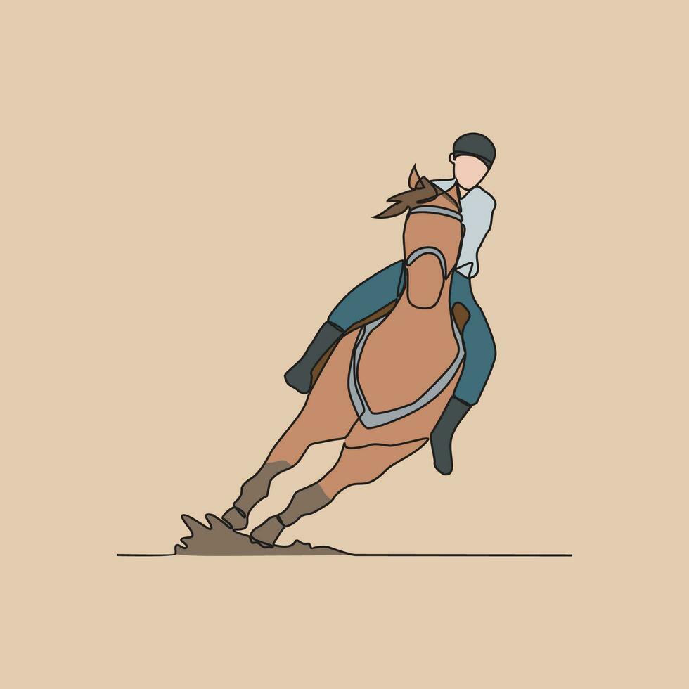 ett kontinuerlig linje teckning av människor ridning de häst. en jockey är någon vem rider en häst i en lopp. ridning de häst i enkel linjär stil vektor illustration. lämplig design för din tillgång.