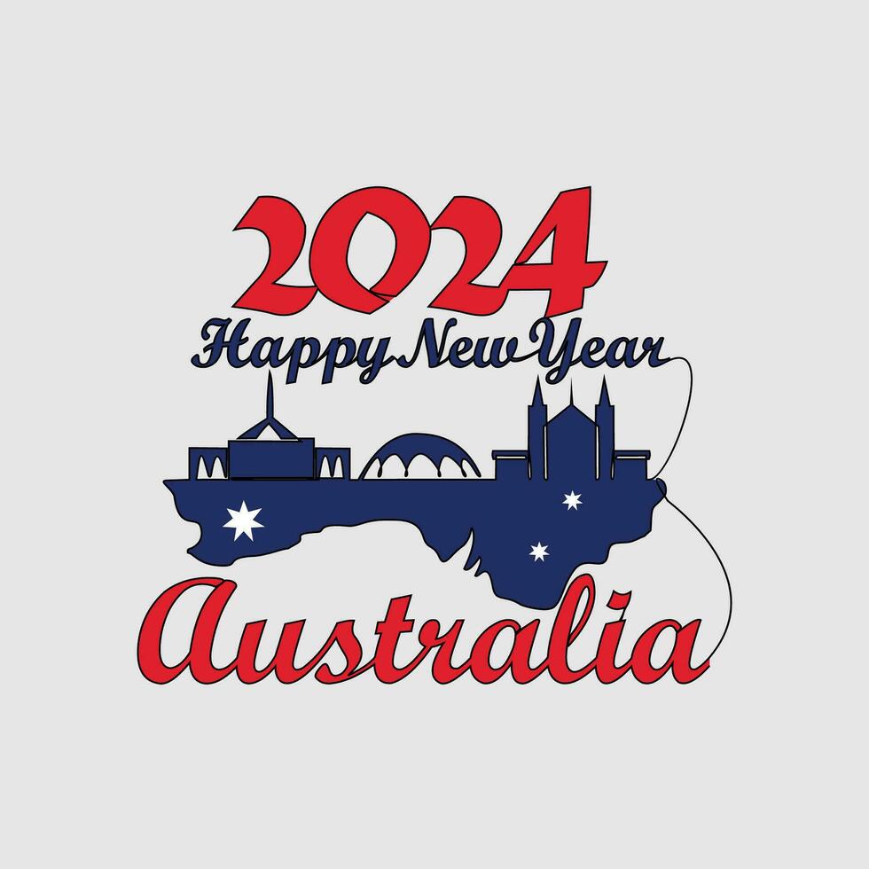 einer kontinuierlich Linie Zeichnung von glücklich Neu Jahr im Australien. glücklich Neu Jahr Design mit Australien Horizont im einfach linear Stil Vektor Abbildung.geeignet Design zum Gruß Karte, Poster und Banner