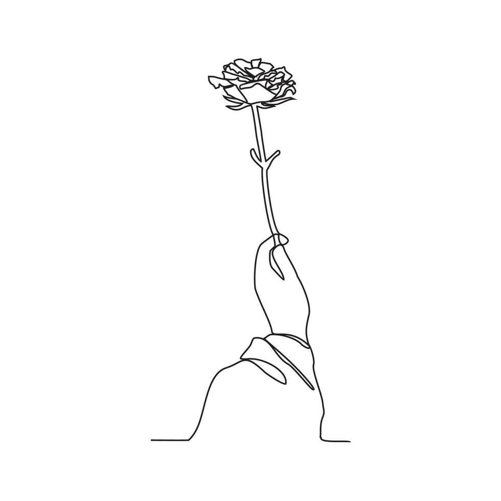 ett kontinuerlig linje teckning av en hand är innehav en skön blomma. en reste sig i enkel linjär stil vektor illustration. design med minimalistisk svart linjär design isolerat konkret växt vektor.