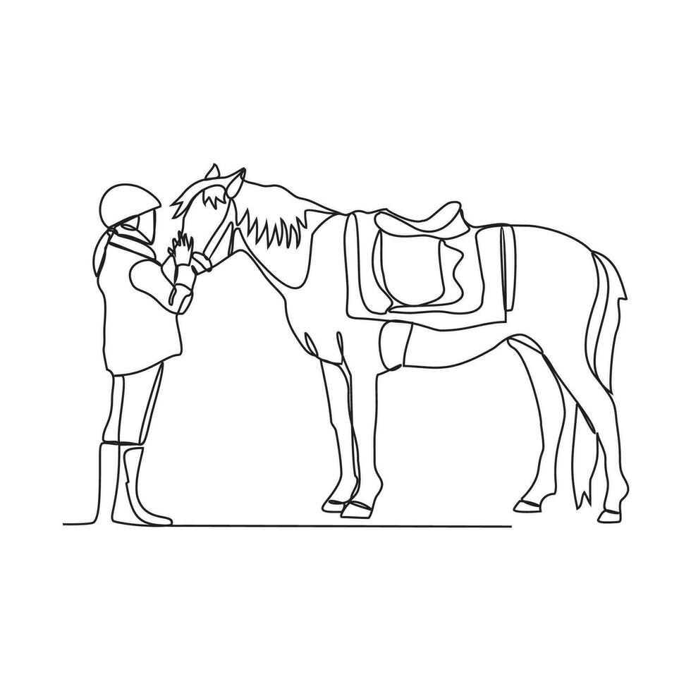 einer kontinuierlich Linie Zeichnung von Menschen Reiten das Pferd. ein Jockey ist jemand Wer Fahrten ein Pferd im ein Wettrennen. Reiten das Pferd im einfach linear Stil Vektor Illustration. geeignet Design zum Ihre Anlage.