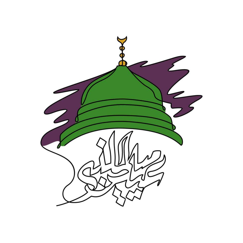 einer kontinuierlich Linie Zeichnung von Mawlid ein nabi. Mawlid ein Nabi Urlaub wie islamisch Zeremonie Design im einfach linear Stil. Kalligraphie kontinuierlich Linie Design Konzept Vektor Illustration.