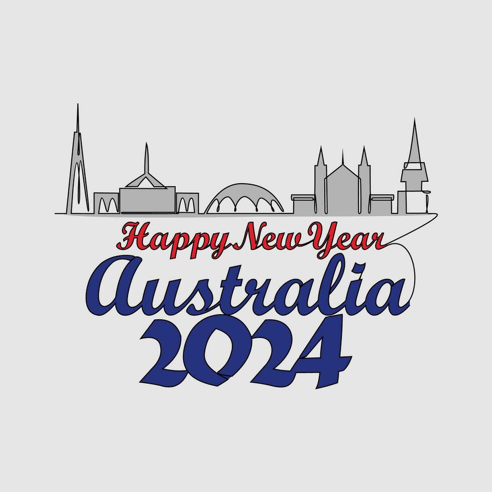 einer kontinuierlich Linie Zeichnung von glücklich Neu Jahr im Australien. glücklich Neu Jahr Design mit Australien Horizont im einfach linear Stil Vektor Abbildung.geeignet Design zum Gruß Karte, Poster und Banner