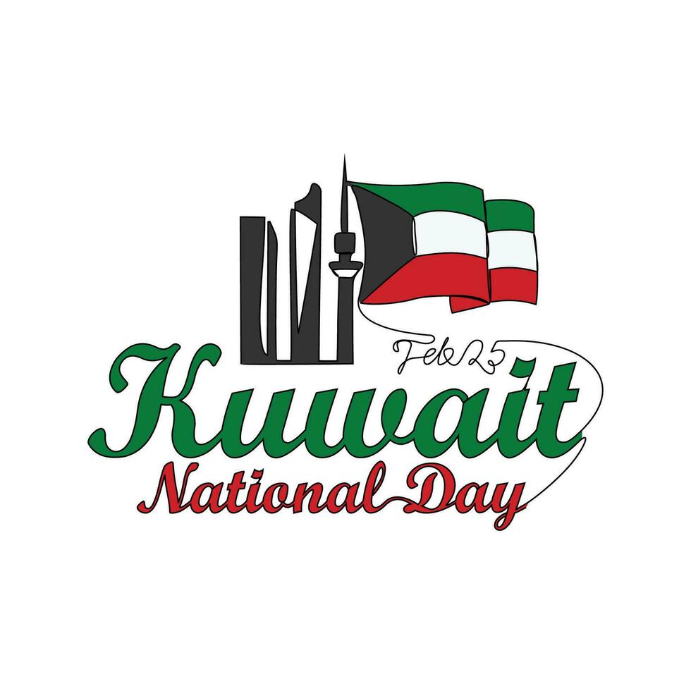 einer kontinuierlich Linie Zeichnung von Kuwait National Tag Vektor Illustration auf Februar 25.. Kuwait National Tag Design im einfach linear Stil Illustration. geeignet zum Gruß Karte, Poster und Banner.
