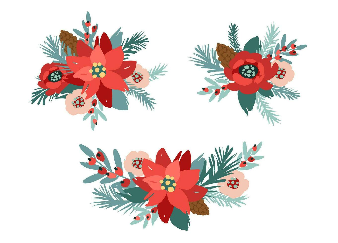 einstellen von Weihnachten Blumen- Design Elemente. Blumen, Blätter, Nadeln, Beeren Vektor Abbildungen