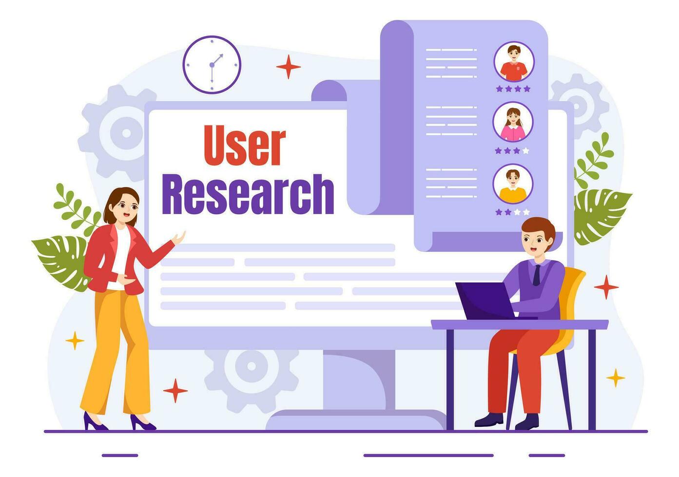 Benutzer Forschung Vektor Illustration von Menschen suchen und erkunden im Netzwerke zu Design Projekt, online Umfrage und Analytik im eben Hintergrund