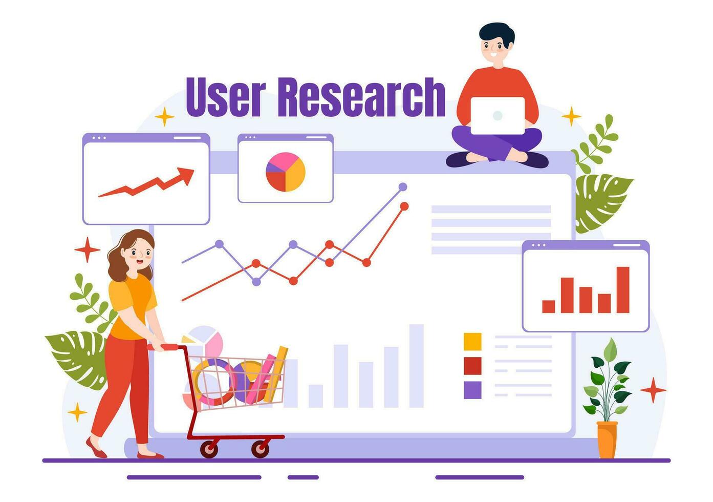 Benutzer Forschung Vektor Illustration von Menschen suchen und erkunden im Netzwerke zu Design Projekt, online Umfrage und Analytik im eben Hintergrund