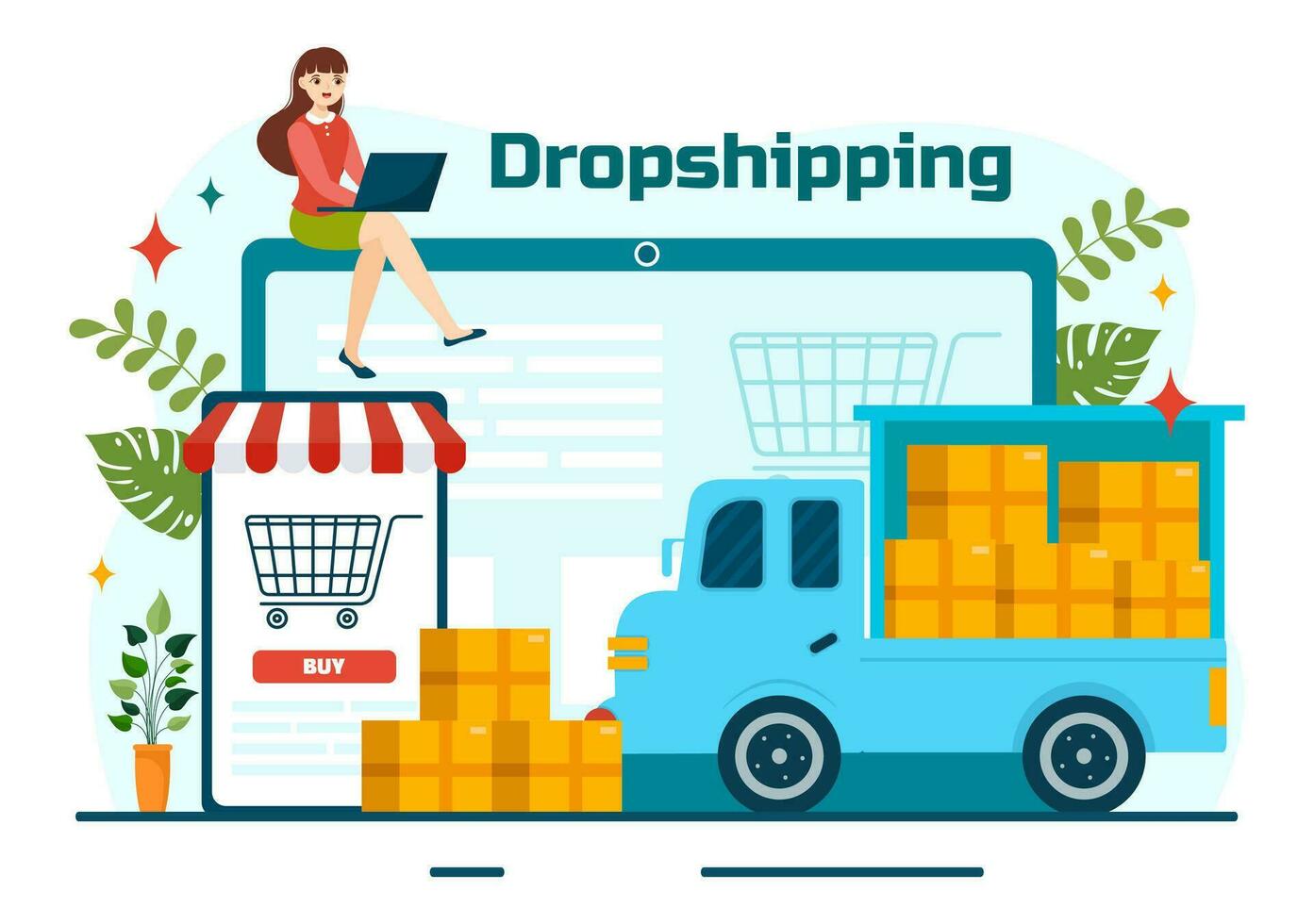 Dropshipping Geschäft Vektor Illustration mit Geschäftsmann öffnen E-Commerce Webseite Geschäft und Lassen Lieferant Schiff Produkt im eben Karikatur Hintergrund