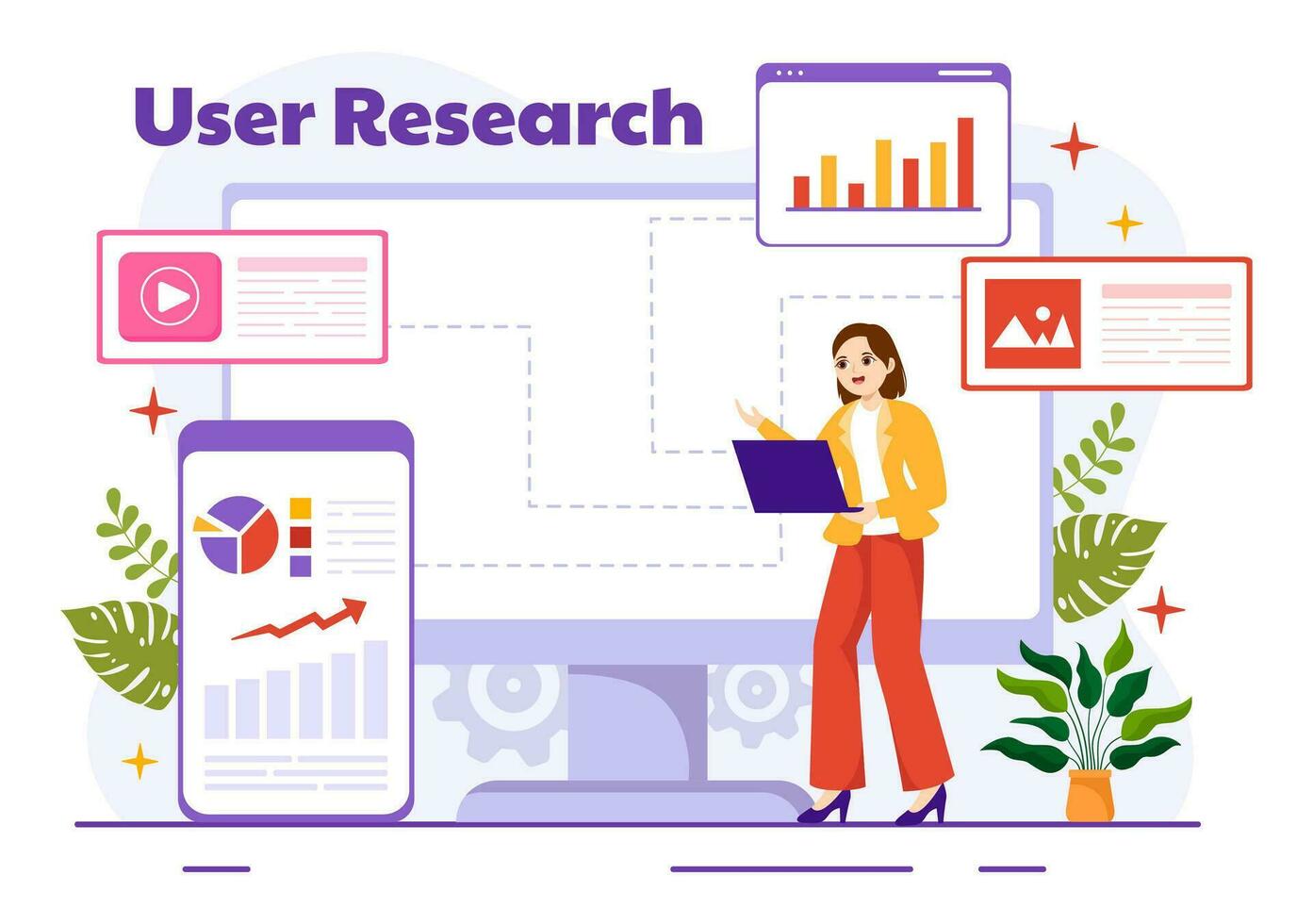 Benutzer Forschung Vektor Illustration von Menschen suchen und erkunden im Netzwerke zu Design Projekt, online Umfrage und Analytik im eben Hintergrund