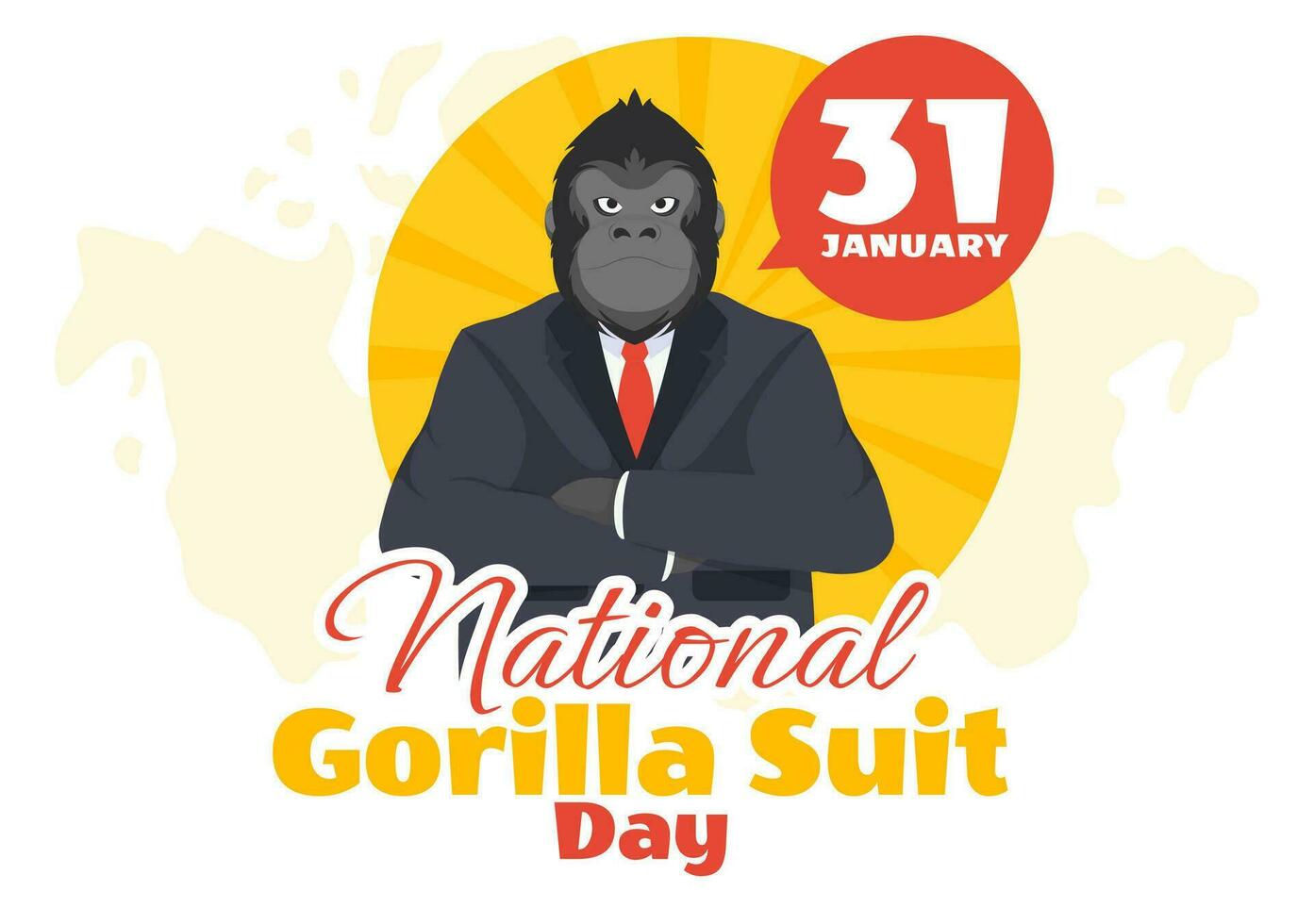 National Gorilla passen Tag Vektor Illustration auf 31 Januar mit hat das Kopf von ein Gorillas ist gekleidet ordentlich im ein Anzüge und Welt Karte im Hintergrund