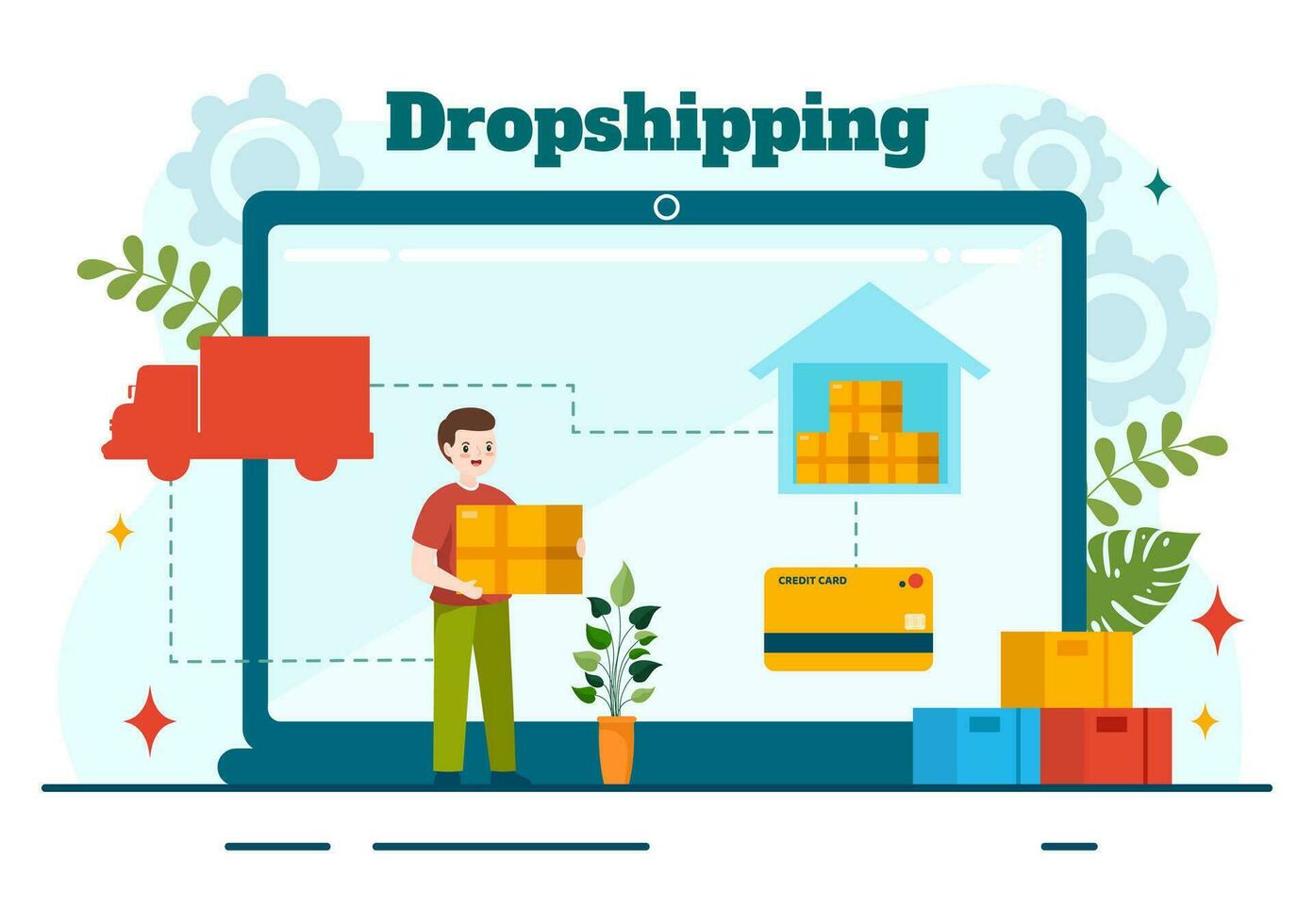 Dropshipping Geschäft Vektor Illustration mit Geschäftsmann öffnen E-Commerce Webseite Geschäft und Lassen Lieferant Schiff Produkt im eben Karikatur Hintergrund