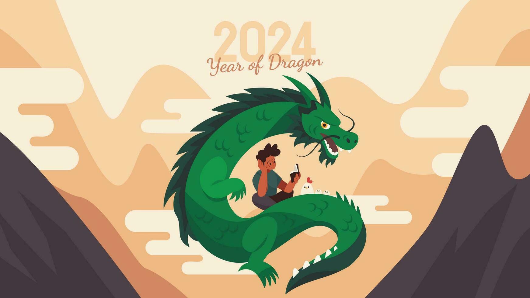 2024 Chinesisch Neu Jahr Grün Drachen Vektor Illustration mit ein Grün Drachen und Menschen beschäftigt, verlobt im verschiedene Aktivitäten perfekt zum Gruß Karten, Poster, Banner und mehr.