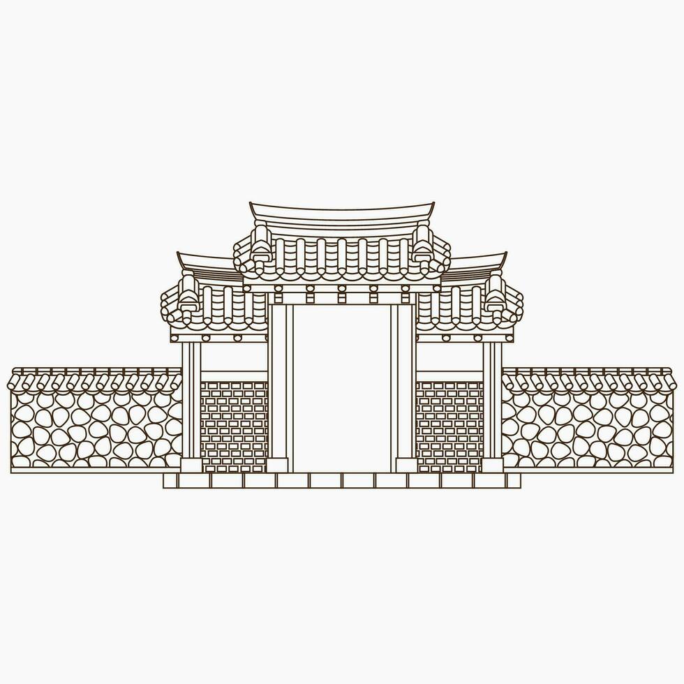 editierbar Gliederung Stil Vektor Illustration von traditionell Koreanisch Hanok Tor Gebäude zum Kunstwerk Element von orientalisch Geschichte und Kultur verbunden Design