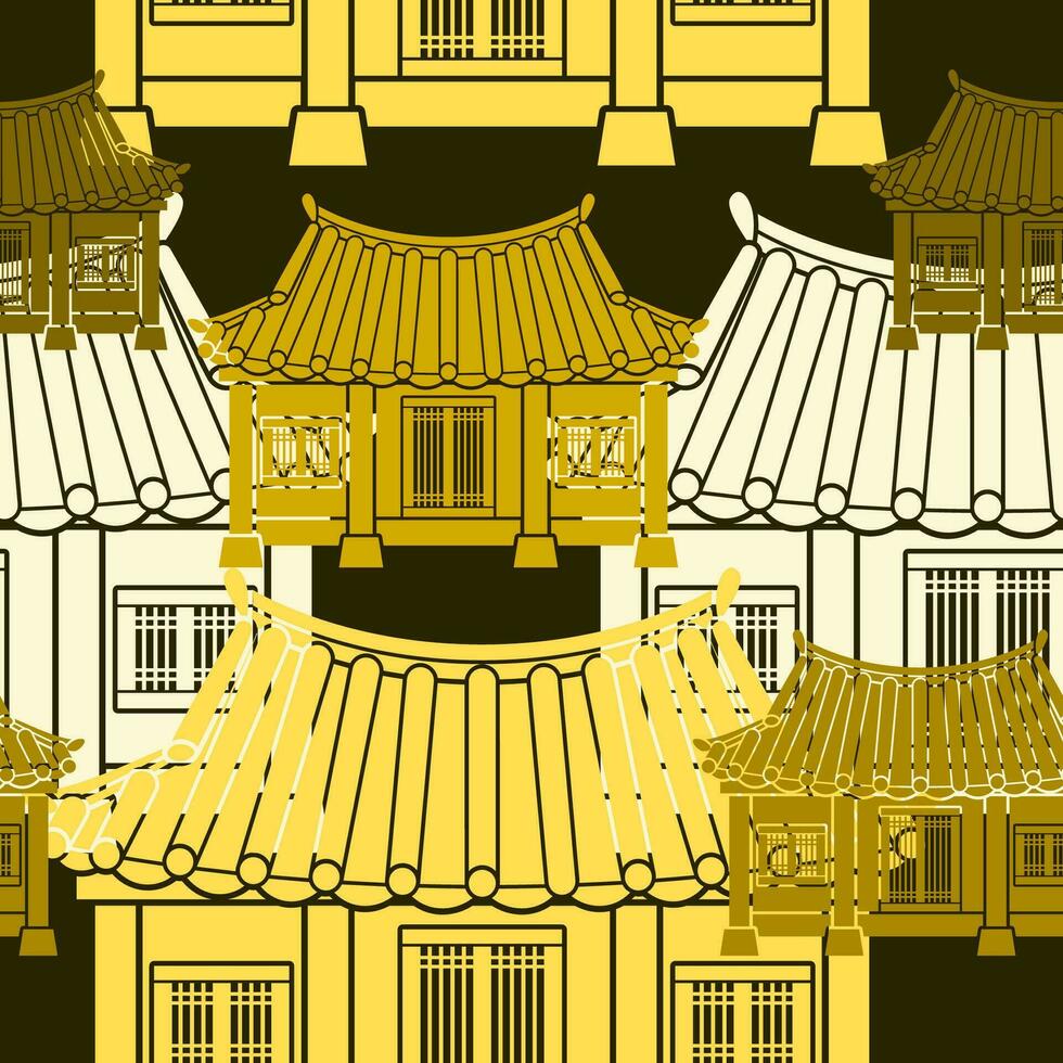 redigerbar vektor illustration av främre se traditionell hanok koreanska hus byggnad som sömlös mönster med mörk bakgrund för dekorativ element av orientalisk historia och kultur relaterad design