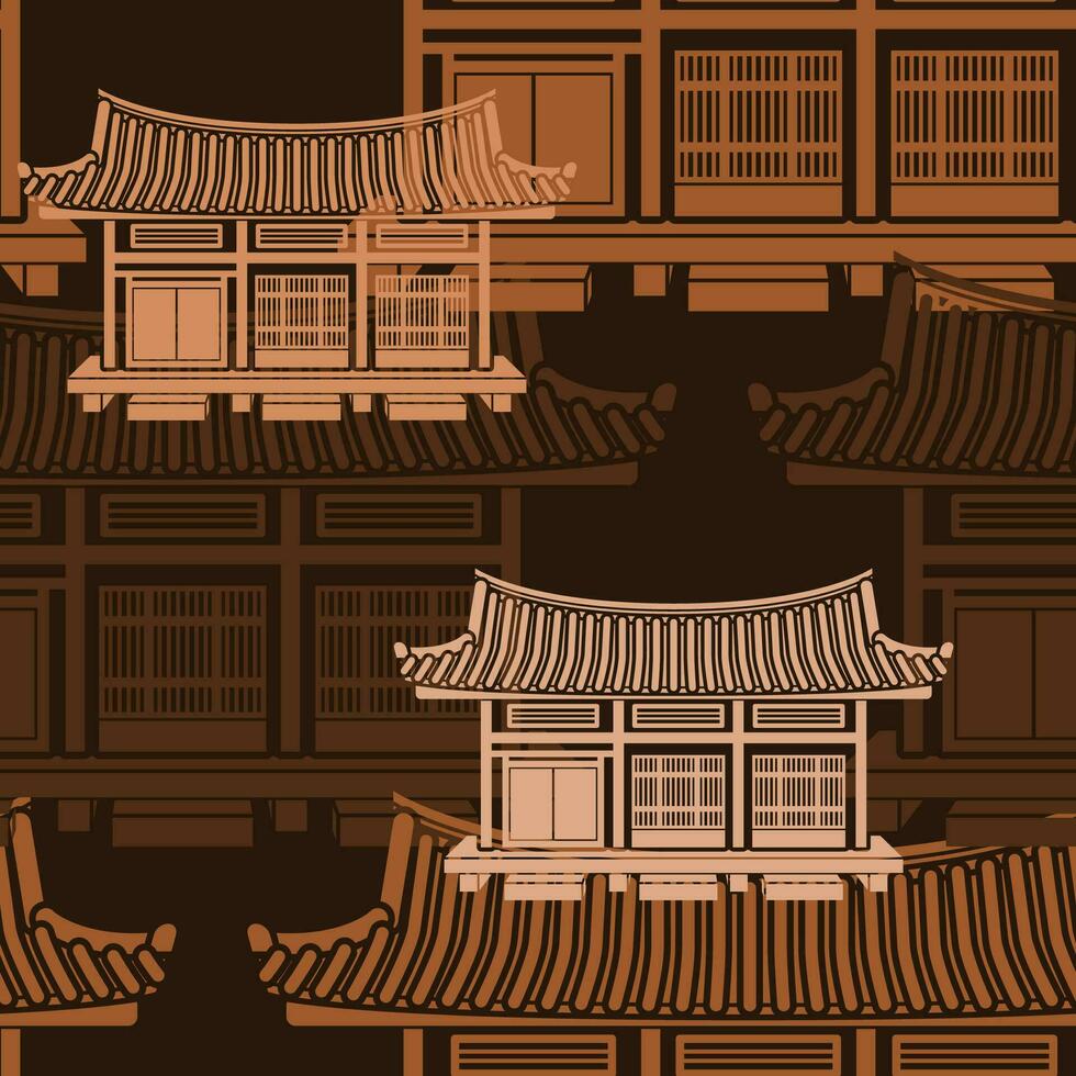 redigerbar främre se bred traditionell hanok koreanska hus byggnad vektor illustration som sömlös mönster med mörk bakgrund för dekorativ element av orientalisk historia och kultur relaterad design