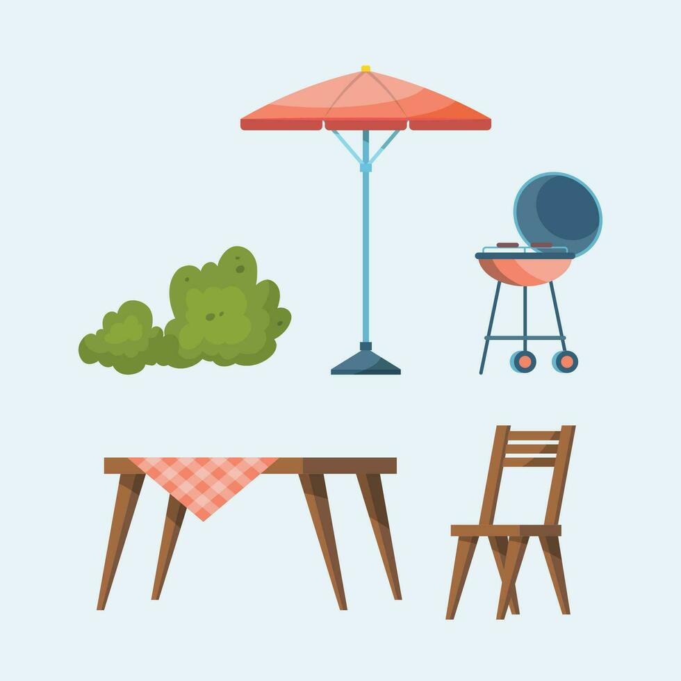 tecknad serie Färg trädgård picknick begrepp ikon uppsättning. vektor