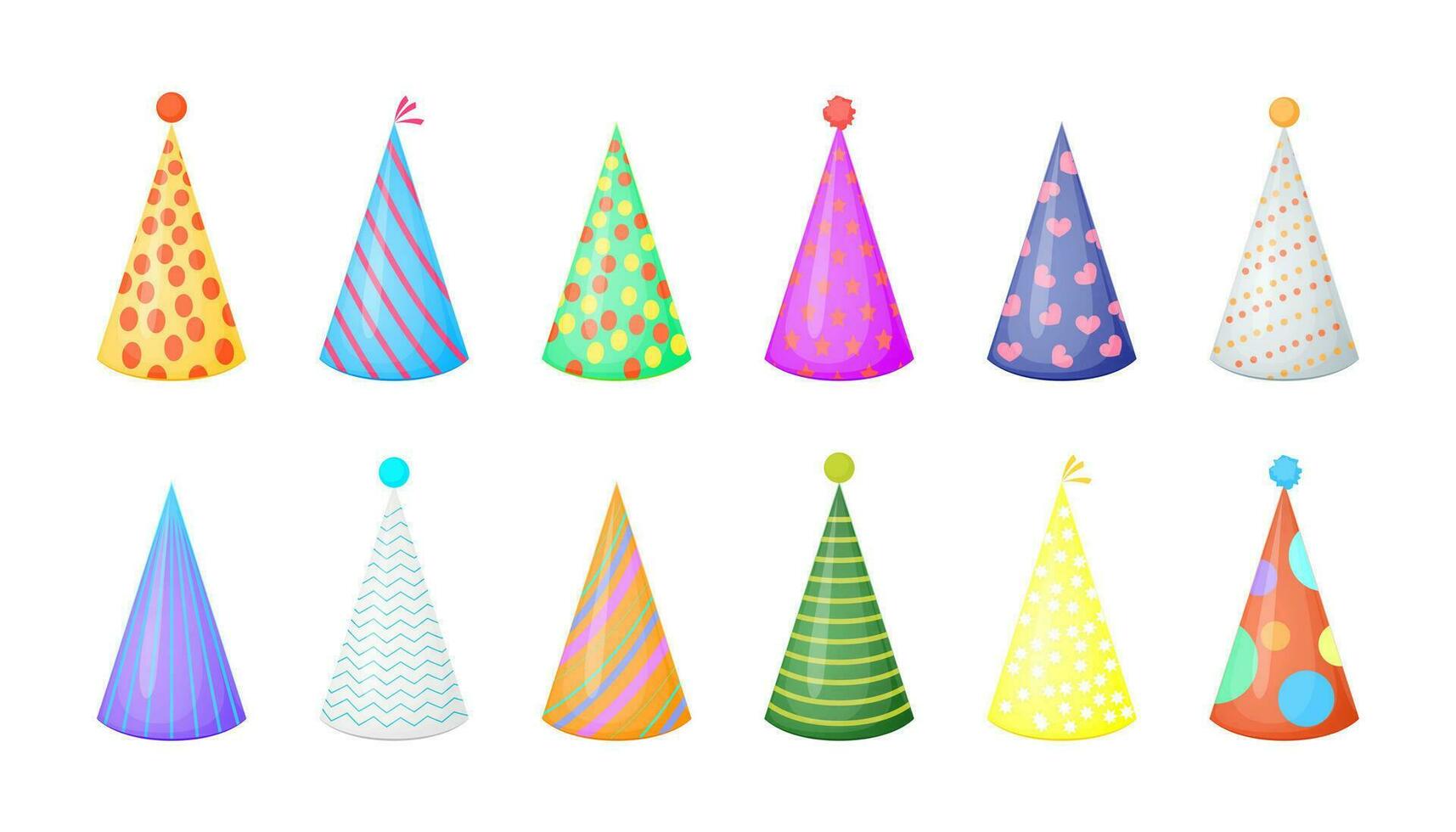 Karikatur anders Farbe Geburtstag Party Hüte Symbol Satz. Vektor