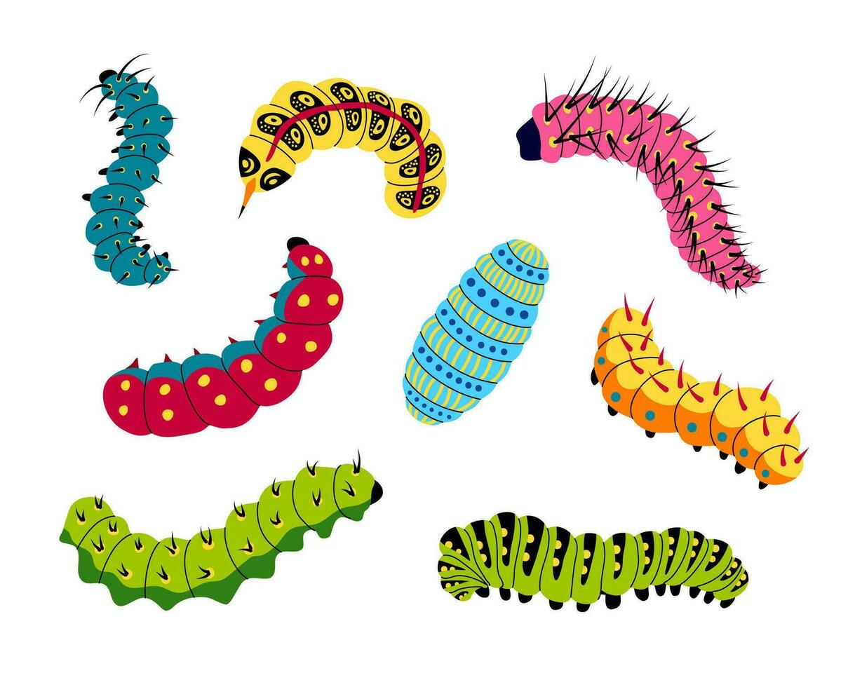 tecknad serie vår och sommar färgrik larver ikoner uppsättning. vektor