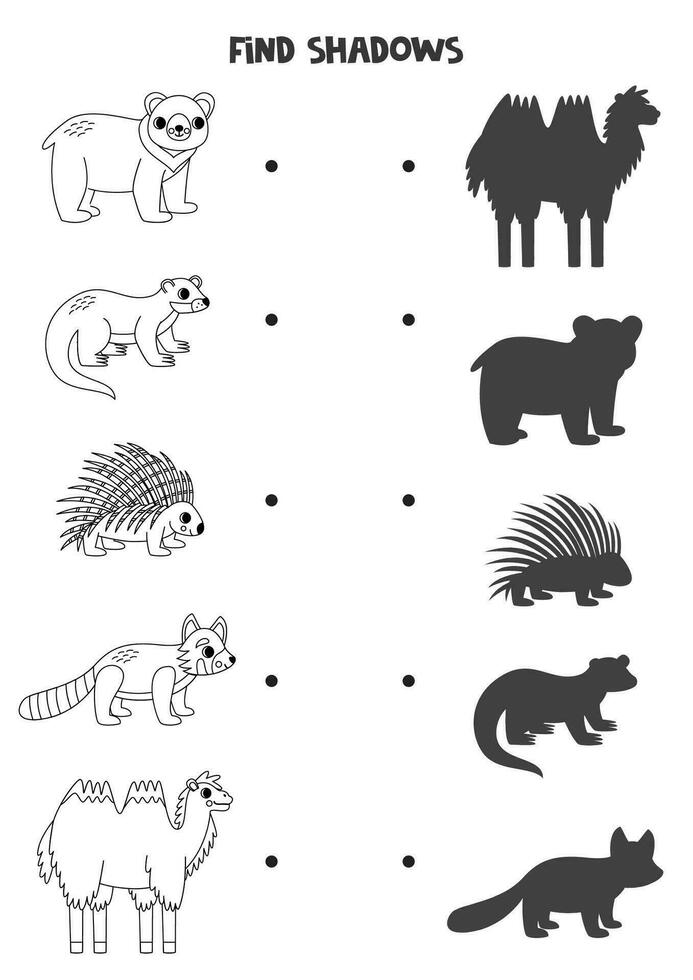 finden das richtig Schatten von schwarz und Weiß asiatisch Tiere. logisch Puzzle zum Kinder. vektor