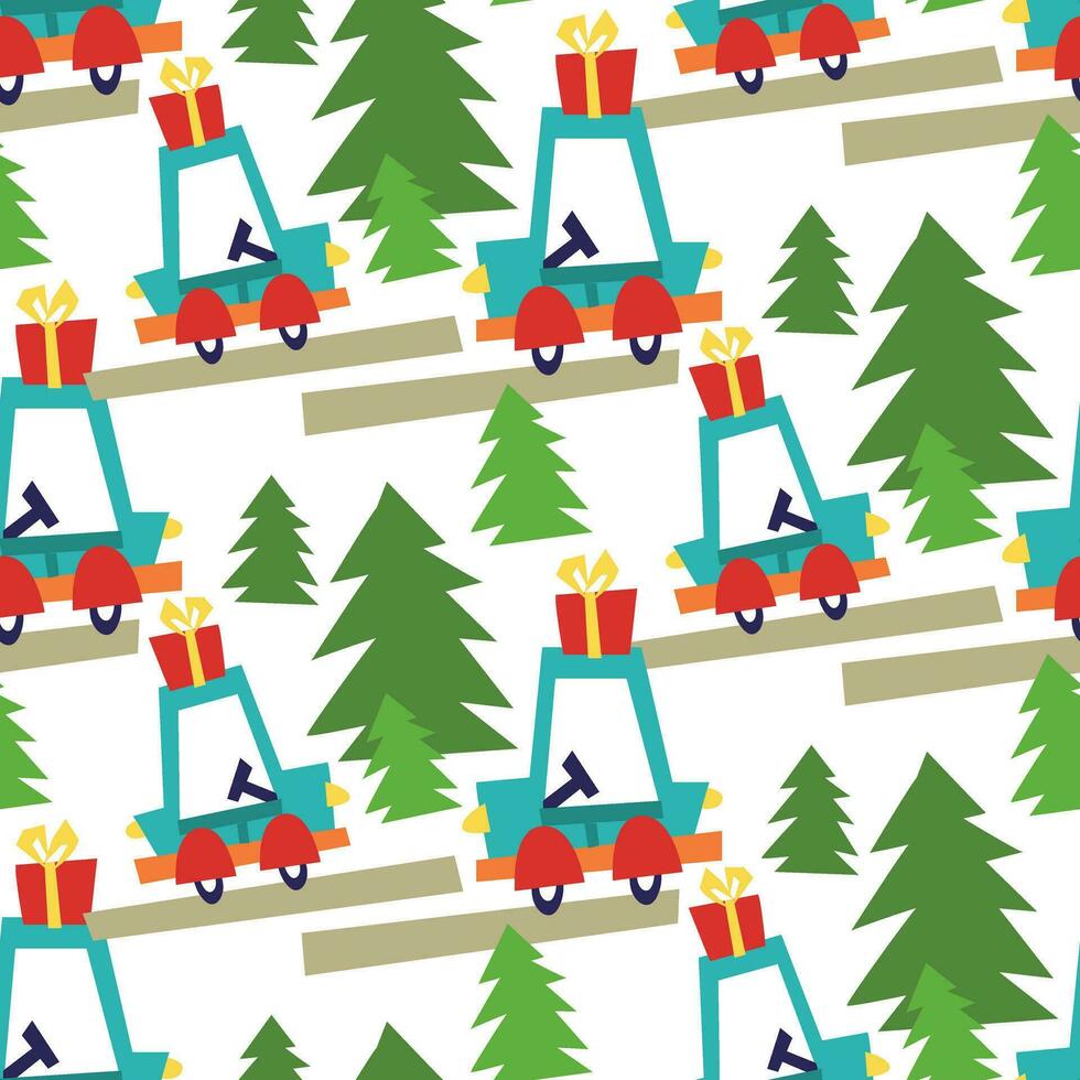 Weihnachten Muster mit Blau Auto und Weihnachten Geschenk. das Straße durch das Wald. geometrisch Schreibmaschine auf ein Weiß. es können Sein benutzt im das Textil- Industrie, Papier Produktion, Hintergrund, Scrapbooking vektor