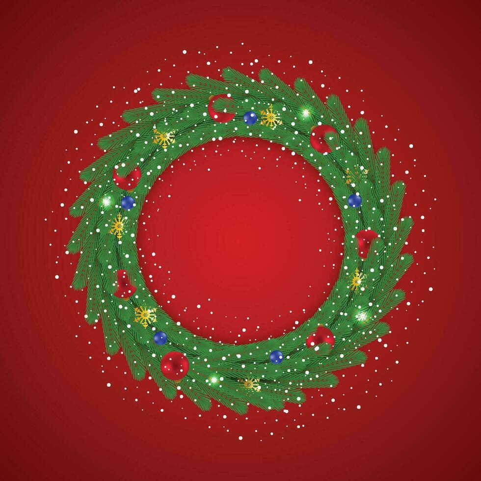realistisch Weihnachten Grün Kranz mit rot und Blau Bälle mit Schnee und Schneeflocke mit Licht. vektor