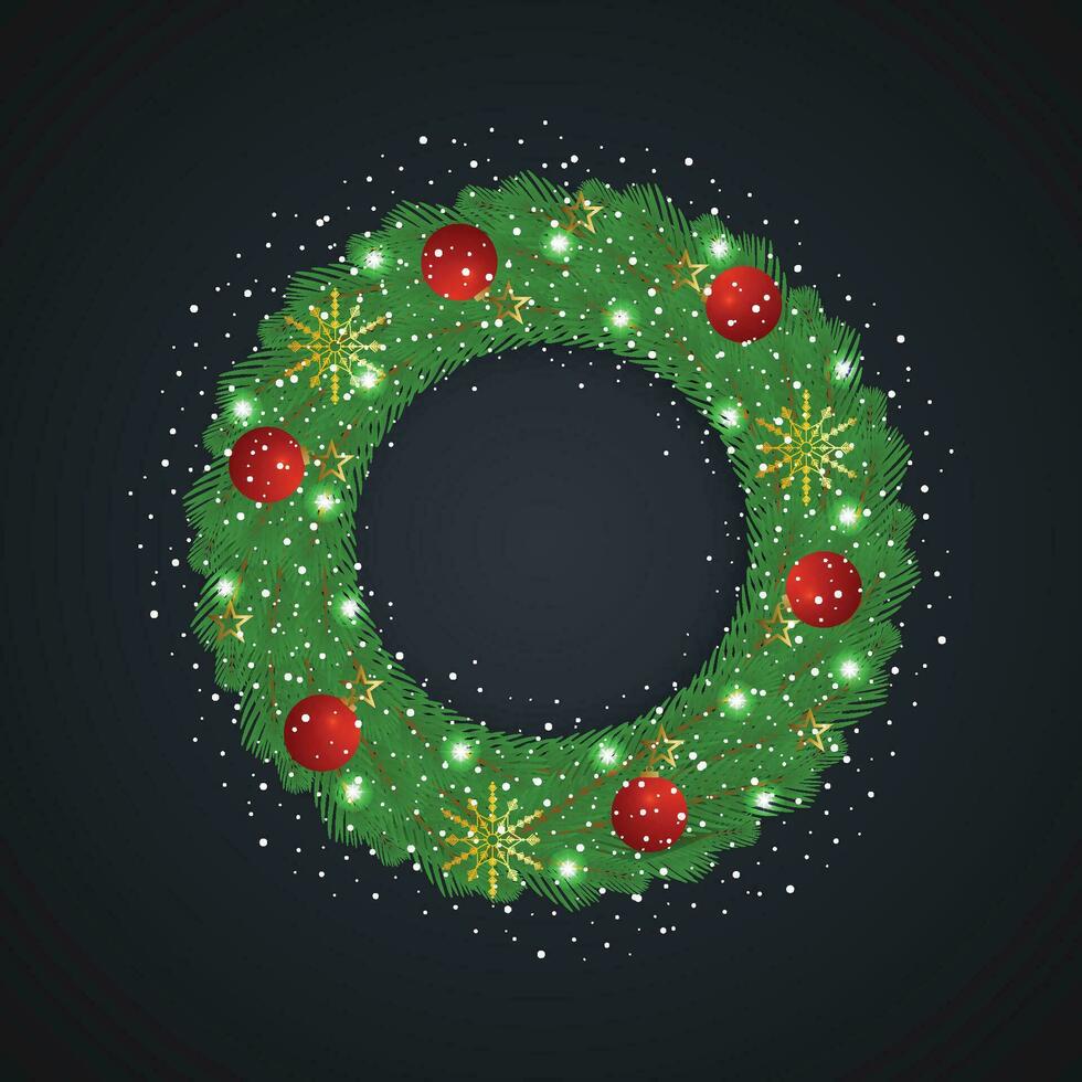 realistisk jul grön krans med röd bollar och snö med snöflinga och ljus med gyllene stjärnor. vektor
