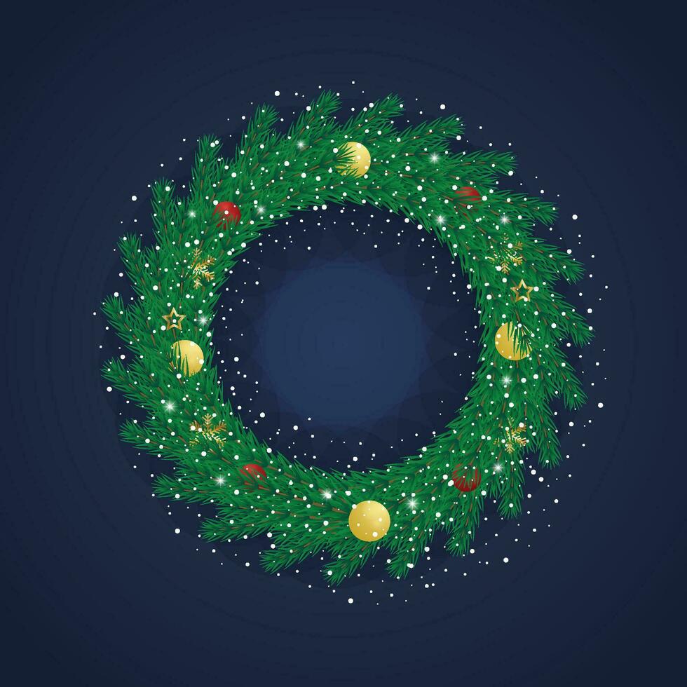 realistisch Weihnachten Grün Kranz mit golden und rot Bälle mit Schnee und Schneeflocken mit Beleuchtung und golden Sterne. vektor